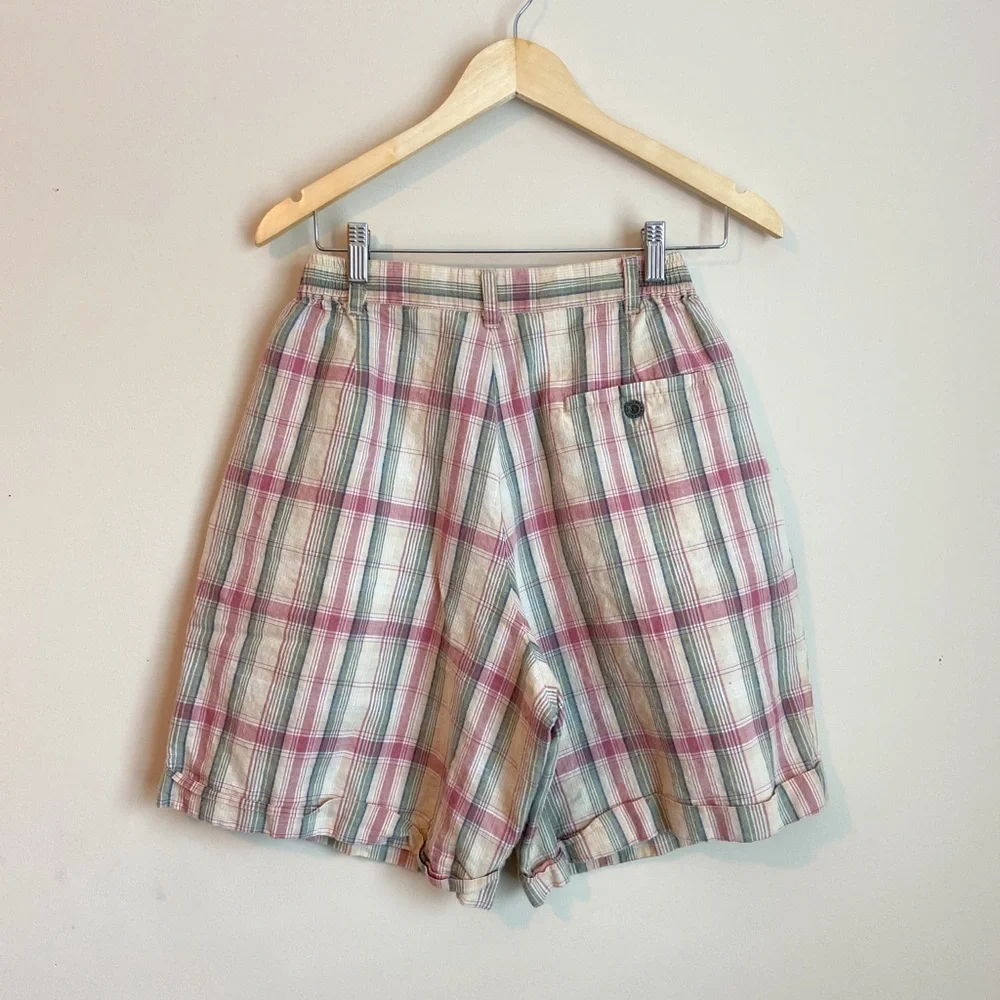 Vintage Plaid Cotton Shorts in Cream, Pink & Green